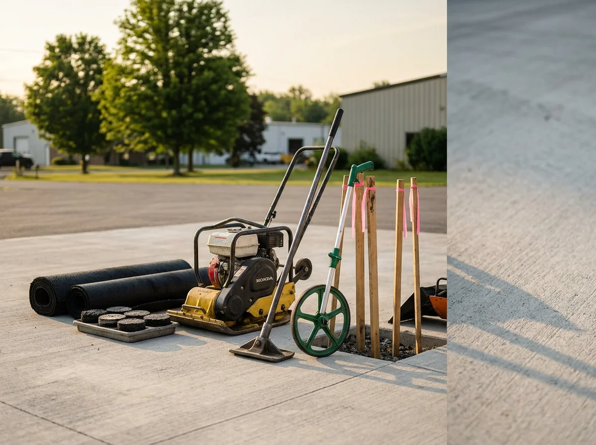 Asphalt paving equipment and crew tools on a job site, ready for driveway or parking lot installation.
