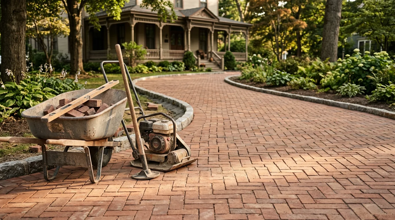 Decorative brick pavers installed in a residential driveway pattern