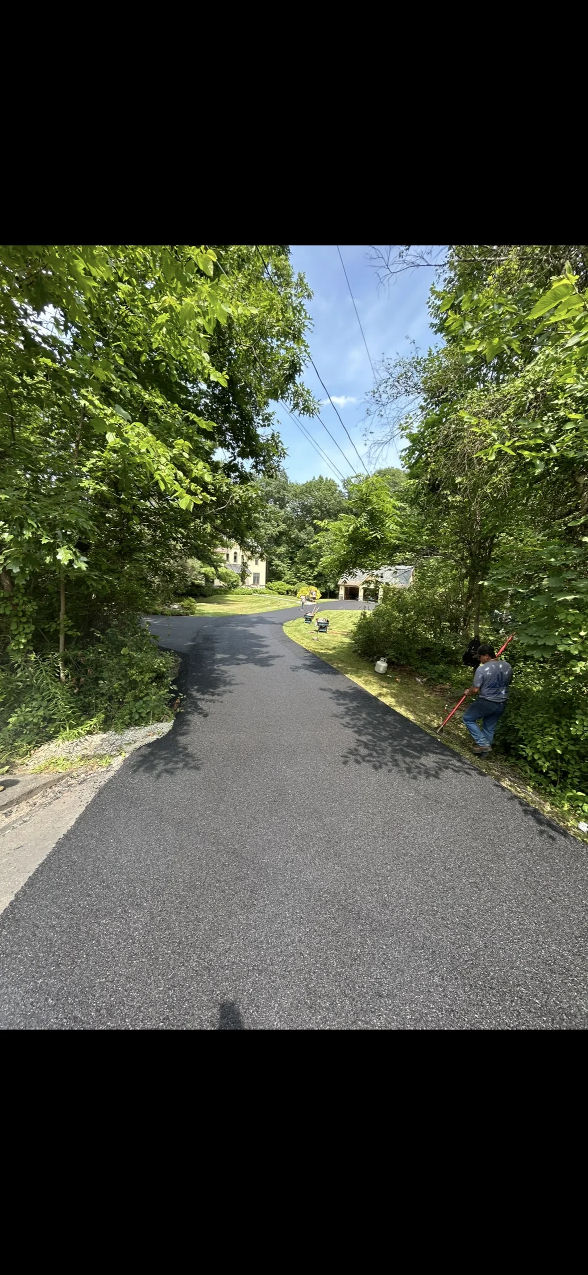 Newly paved asphalt driveway with mature trees lining both sides and residential home visible in background