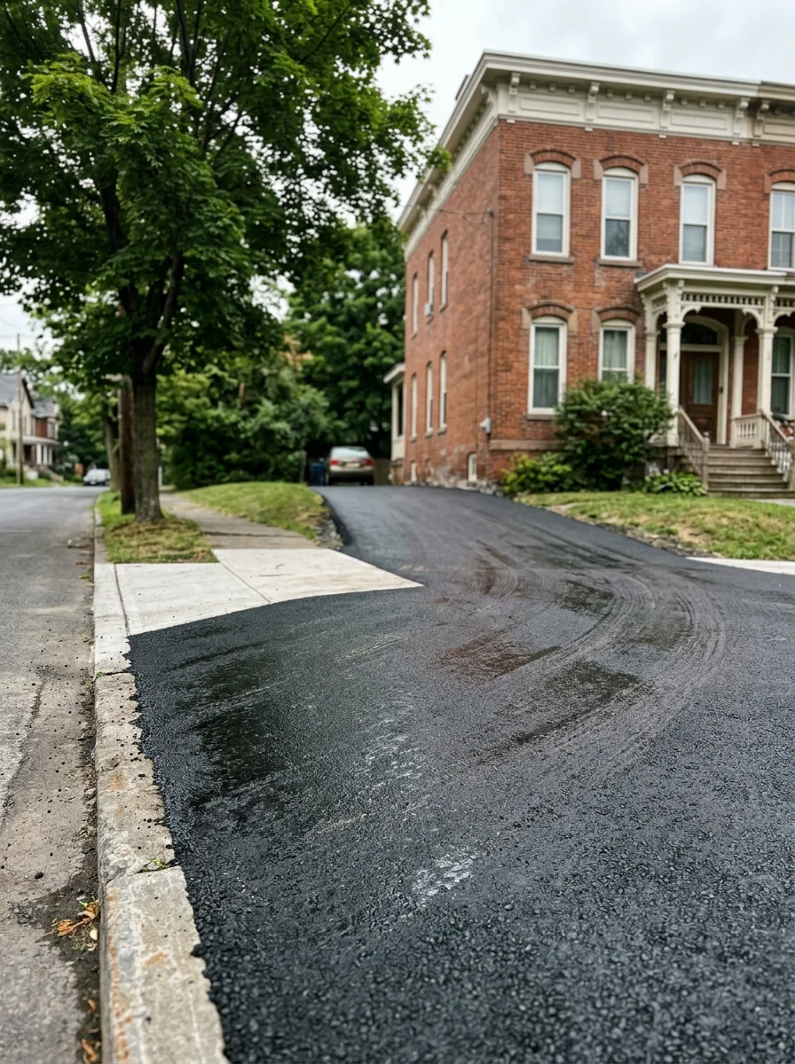 Newly paved residential driveway in Albany's Pine Hills neighborhood with a brick rowhouse in the background and a freshly paved sidewalk apron at the street.