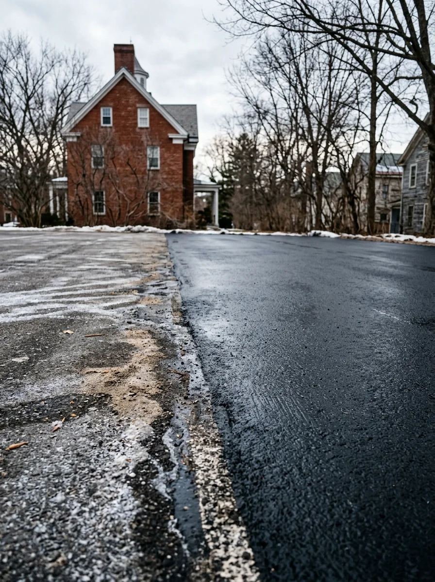 Sealcoated parking lot in Amherst during winter, showing protection against salt and snow damage