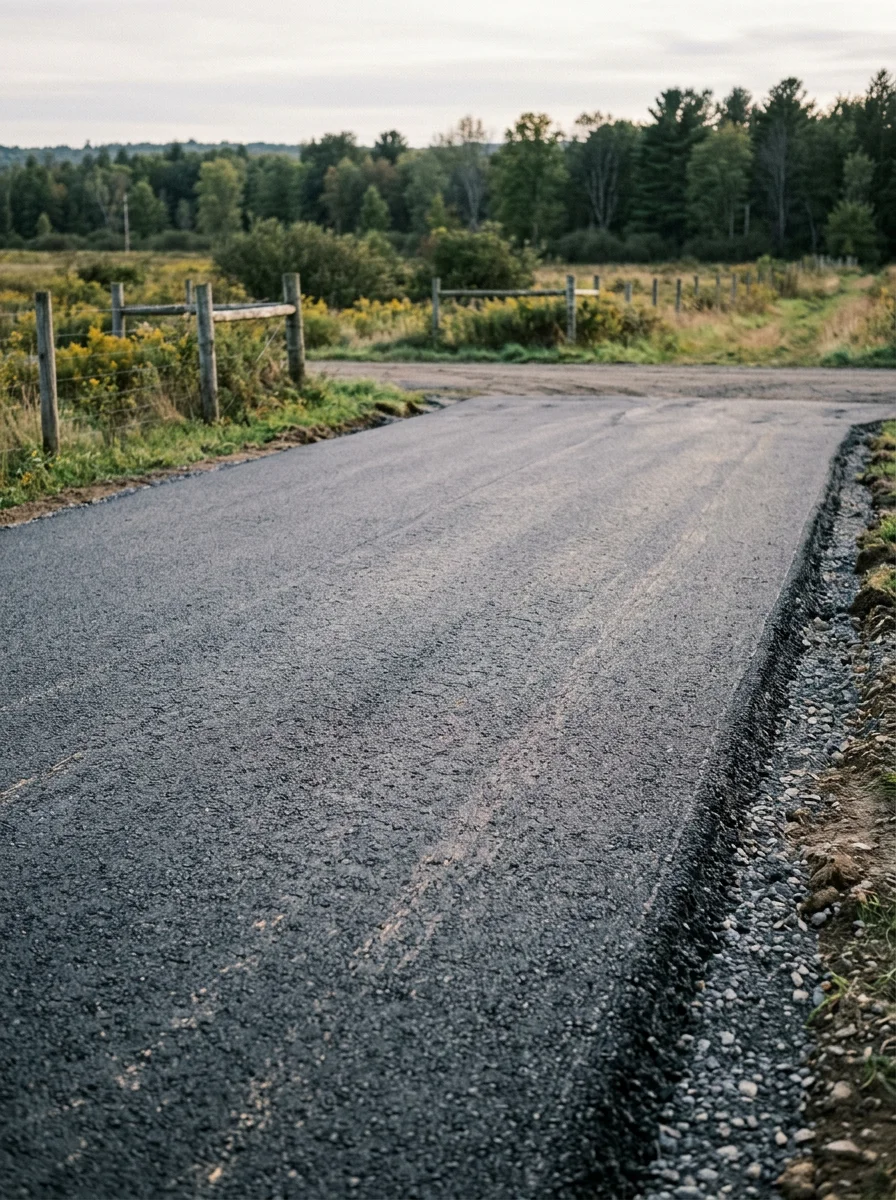 Freshly installed recycled asphalt driveway on a rural property near Broadalbin, NY with a gravel base visible at the edge of the new surface.