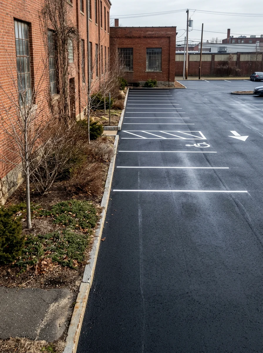 Sealcoated parking lot in Chicopee, MA showing dark, protected surface ready for winter