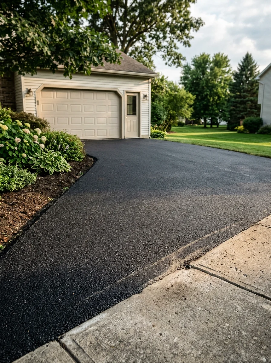 Wide-angle view of a newly paved driveway extension in Clifton Park, NY showing clean asphalt edges meeting an existing driveway apron.
