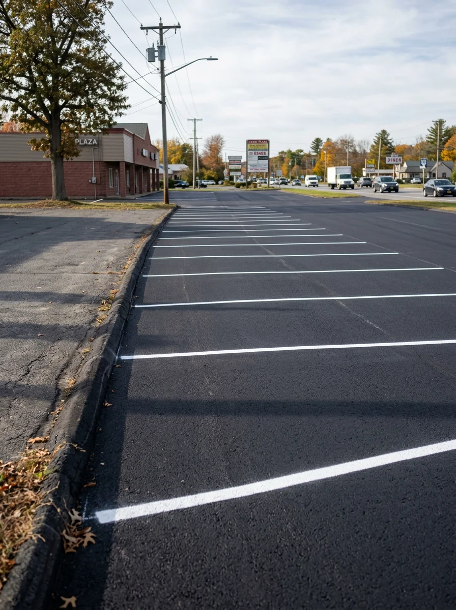 Newly sealcoated parking lot on a commercial property along the Route 9 corridor in Queensbury, NY with crisp lot lines and smooth dark surface.