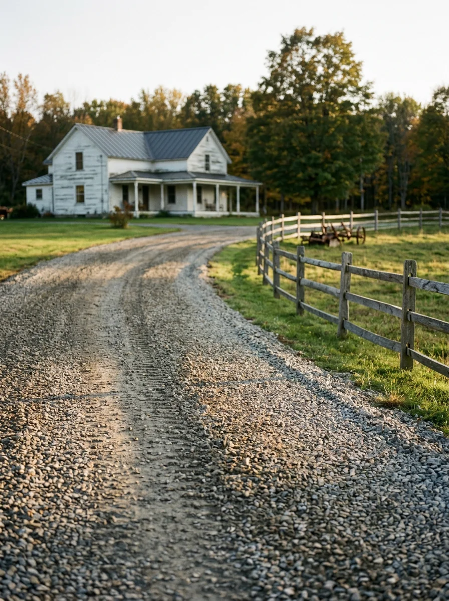 Freshly installed stone driveway on a large rural lot near Greenwich, NY showing compacted stone surface extending from the road to a farmhouse.