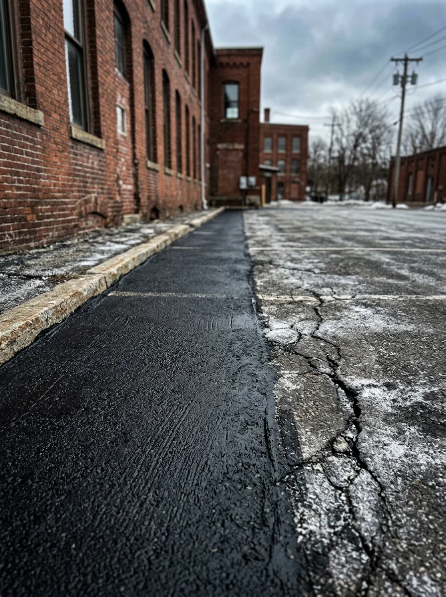 Sealcoated parking lot in Holyoke during winter, showing protection against salt and freeze-thaw damage