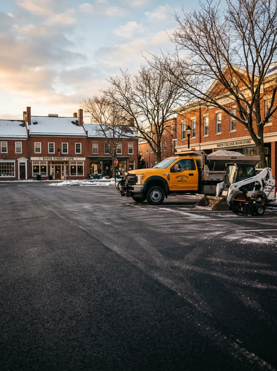 Sealcoated parking lot in Northampton with snow removal equipment staged nearby, showing winter-ready pavement