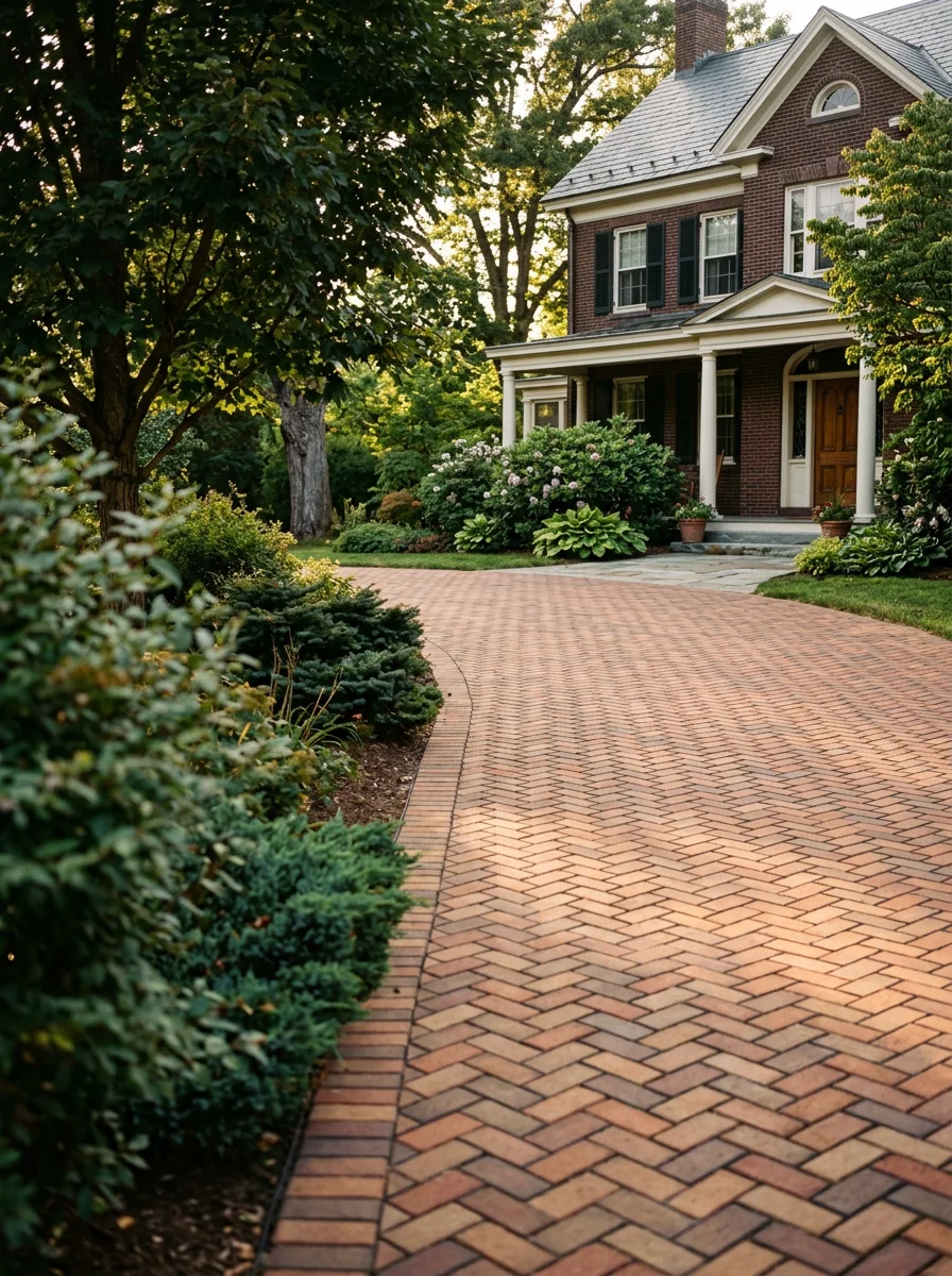 Brick paver driveway installed on historic Pittsfield home with mature landscaping