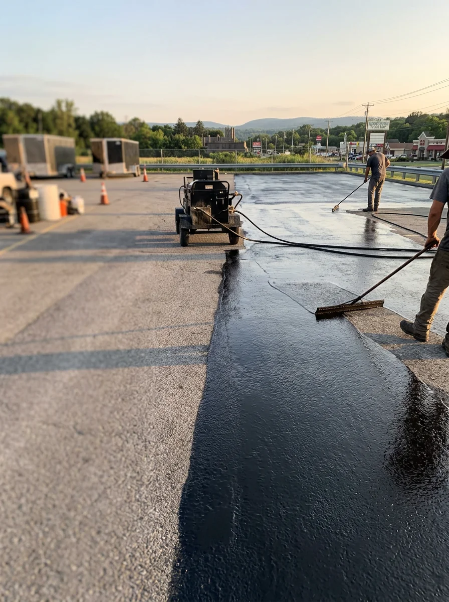 Parking lot sealcoating application in Poughkeepsie with Hudson Valley landscape in background, demonstrating professional asphalt maintenance