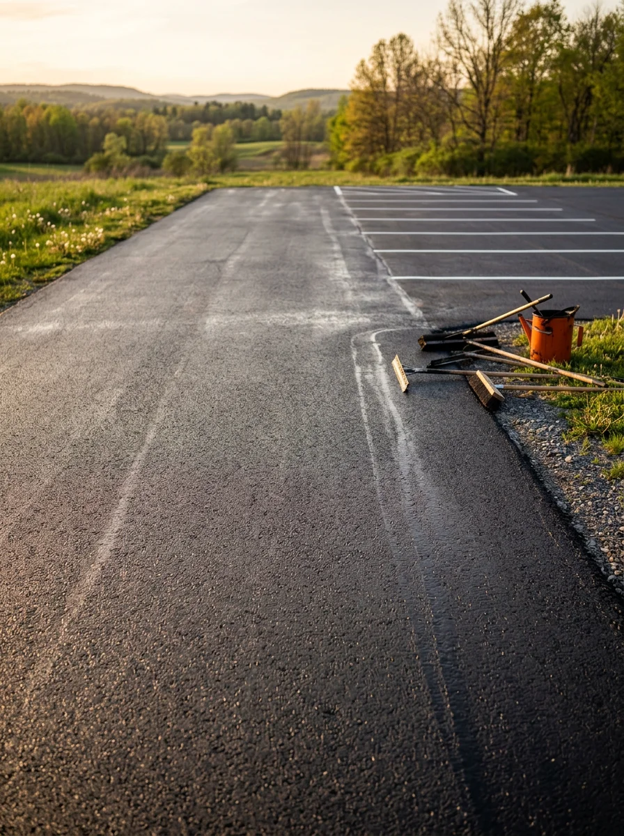 Parking lot sealcoating application in Rome during spring, with Mohawk Valley landscape visible