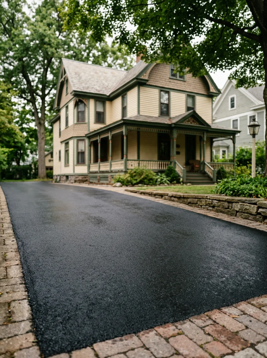 Close-up of a sealcoated residential driveway in Saratoga Springs showing a smooth, dark surface with no visible cracking.