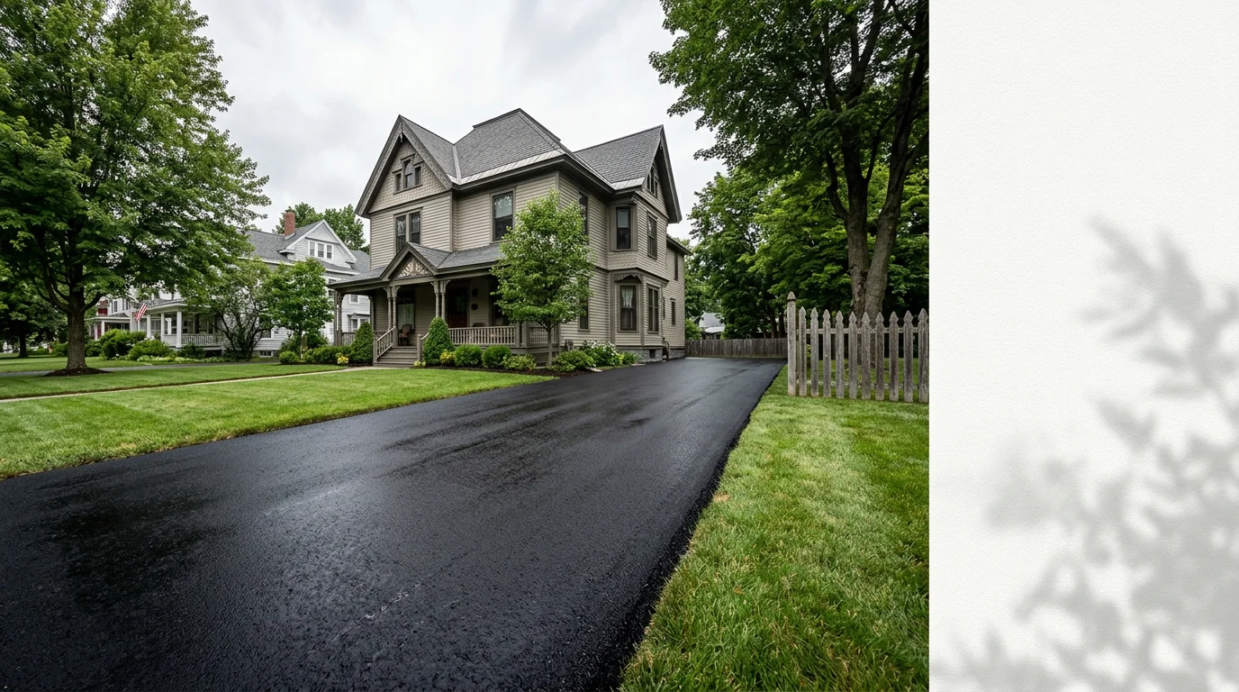 Freshly paved asphalt driveway in front of a Victorian-era home in Saratoga Springs, NY, with clean black surface and crisp edges along the lawn.
