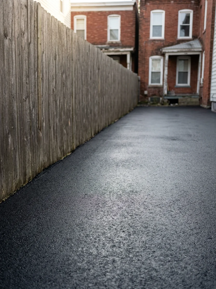 Close-up of a completed driveway removal and repave on a narrow urban lot in Schenectady, NY showing clean asphalt edges against a fence line.
