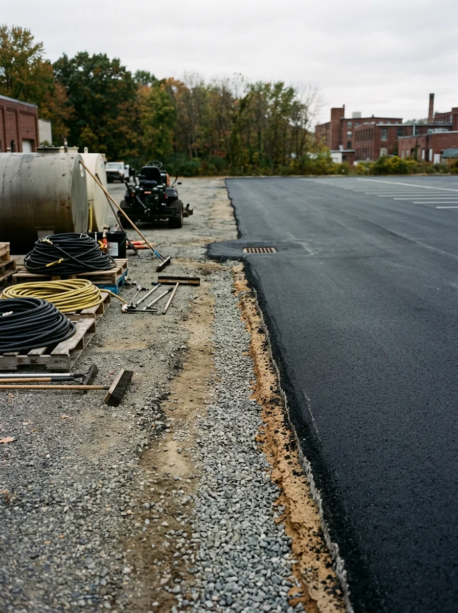 Commercial parking lot sealcoating application in Springfield showing proper drainage and clay soil base preparation