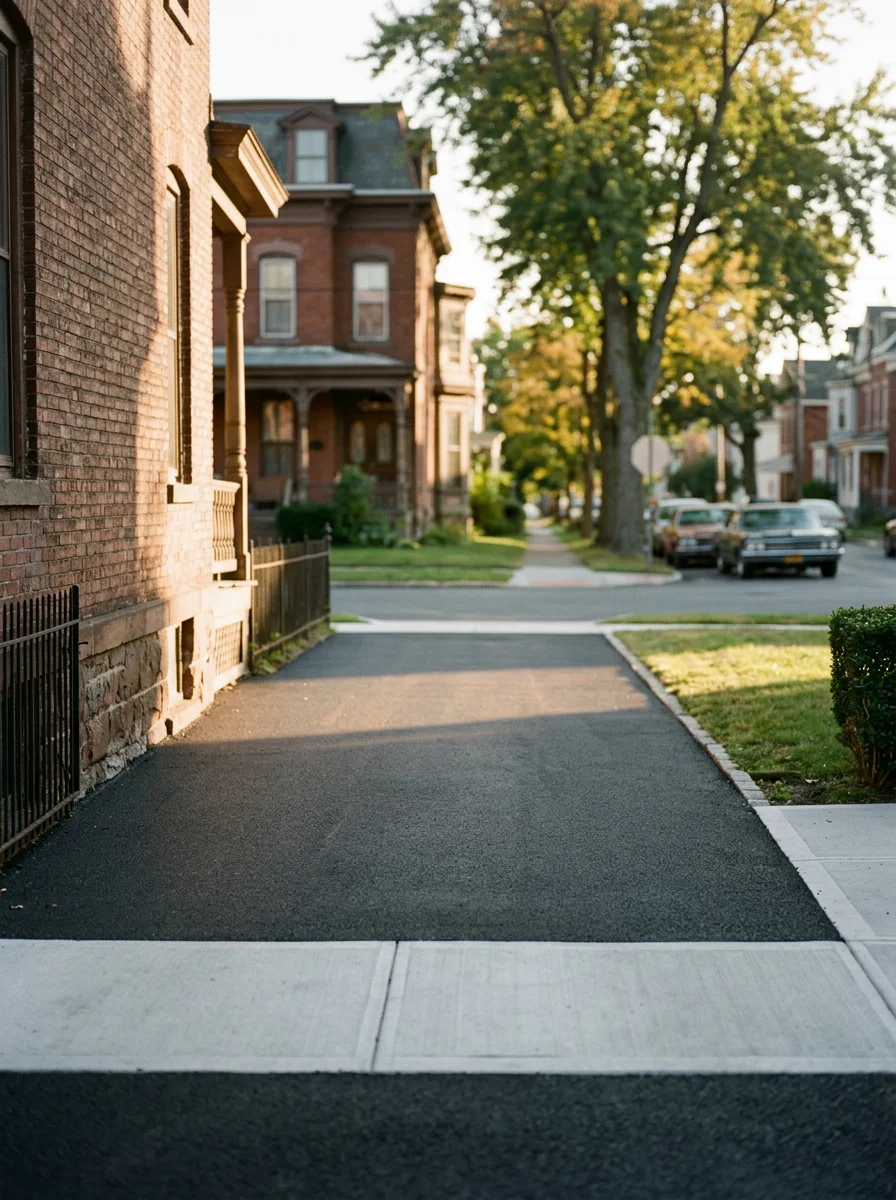 Newly resurfaced driveway in a Troy, NY pre-war neighborhood showing smooth black asphalt meeting a freshly paved sidewalk apron.