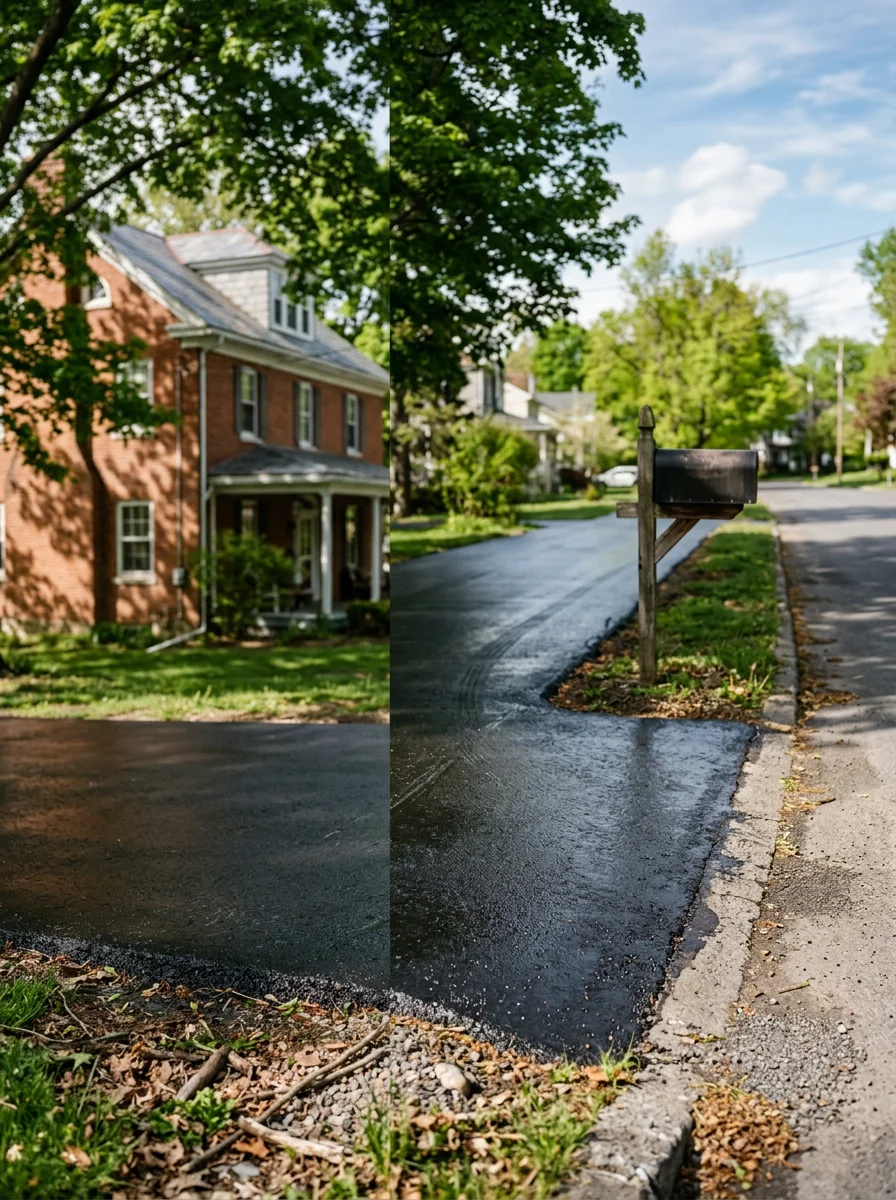 Sealcoating application on residential driveway in Utica during spring season