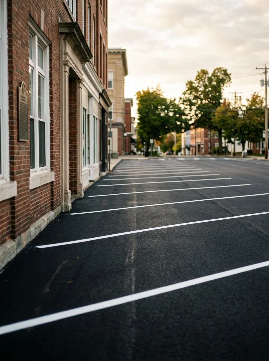 Sealcoated parking lot in downtown Westfield with clear striping and winter-ready surface