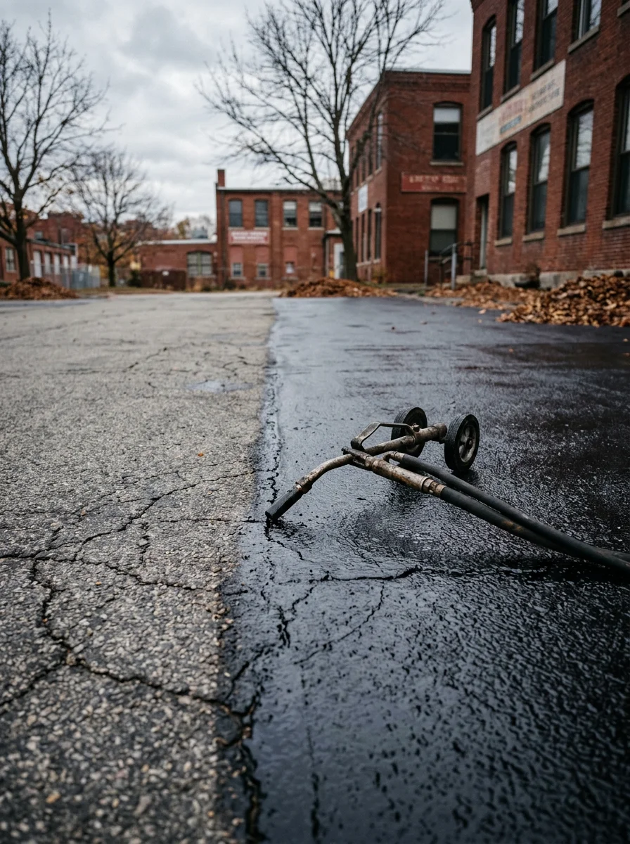 Parking lot sealcoating work in Worcester showing crack sealing before winter freeze-thaw season