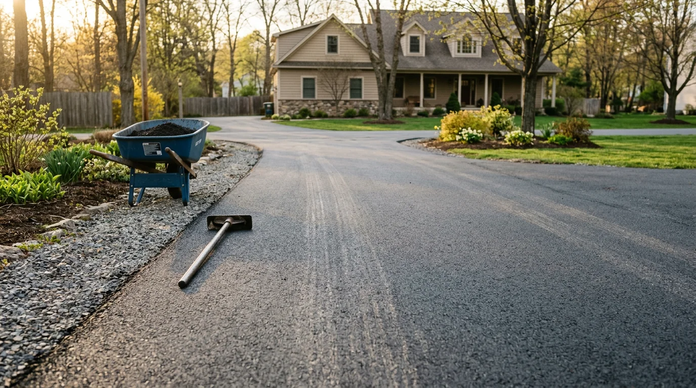 Freshly laid black asphalt surface on a residential property in Saratoga Springs, New York, with clean edges and a smooth compacted finish. The surrounding landscape shows typical upstate New York terrain with mature trees and a graded surface directing water away from the structure.