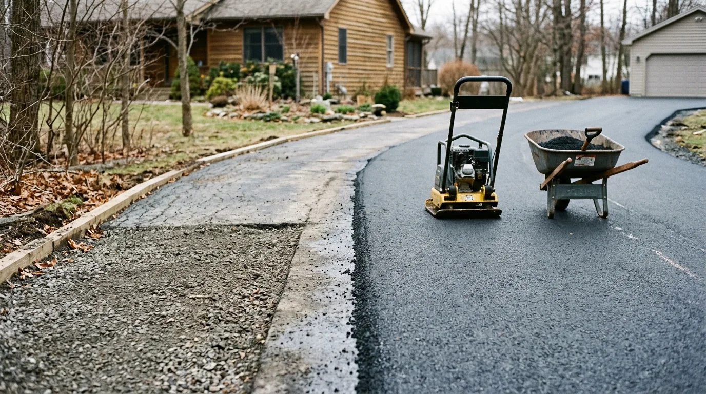 Freshly paved asphalt driveway extension tied into an existing residential driveway in Saratoga Springs, NY, with a clean seam and smooth surface. The extended area adds a second parking bay alongside the original paved apron.