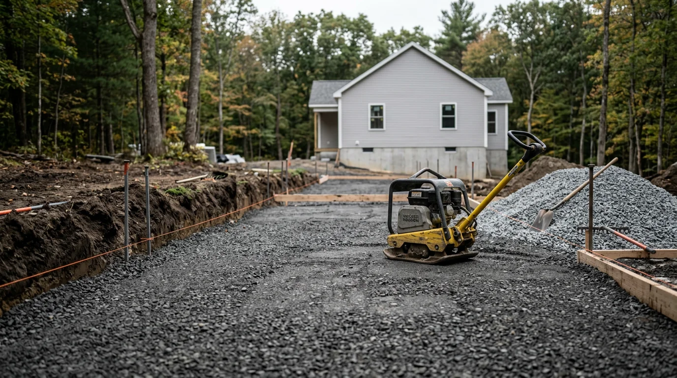 Freshly constructed asphalt driveway at a residential property in Saratoga Springs, NY, showing a smooth compacted surface with clean edges and proper drainage slope away from the home's foundation.