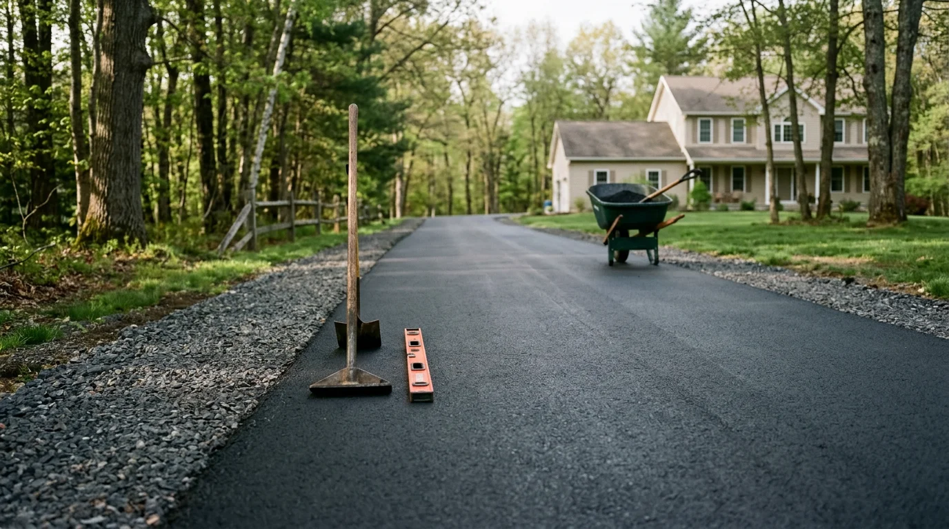 Freshly paved asphalt driveway at a residential property in Saratoga Springs, NY, with clean edges and a smooth compacted surface. The driveway leads from the street to a single-family home with a graded slope for drainage.