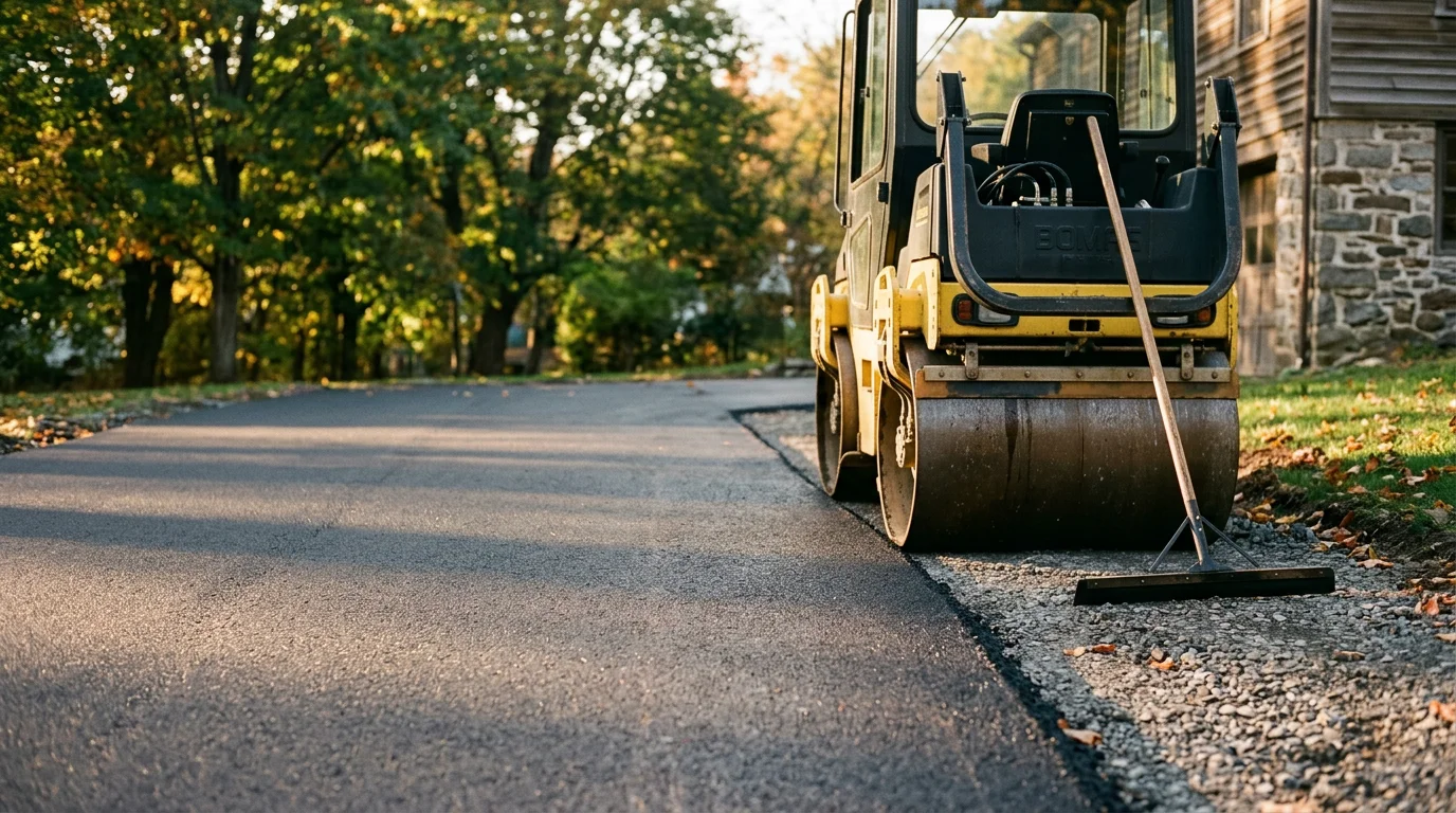 Freshly resurfaced asphalt driveway at a residential property in Saratoga Springs, New York, showing a smooth, dark surface with clean edges. The finished overlay contrasts with the weathered pavement visible at the property border.