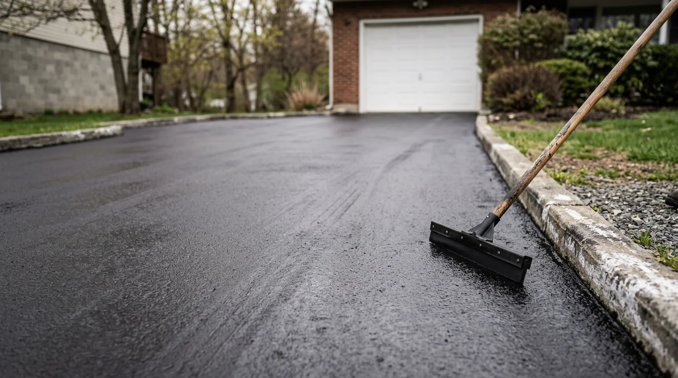 A freshly sealcoated residential asphalt driveway in Saratoga Springs, NY, showing a uniform dark black surface with clean edges along the lawn border. The driveway leads to a single-car garage on a typical Capital Region residential property.