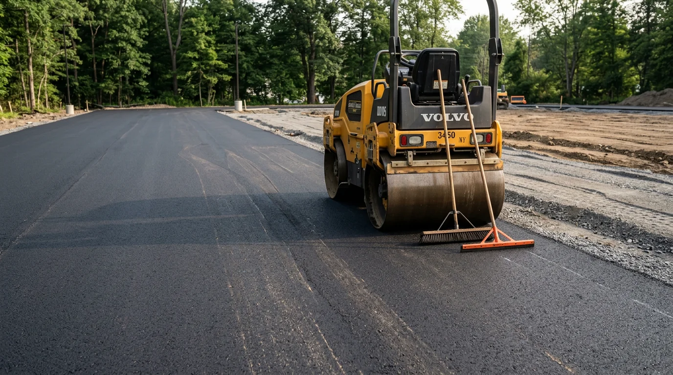 Freshly paved commercial asphalt parking lot with clean edges and smooth surface in Saratoga Springs, New York. The lot shows even black asphalt with proper grading and no visible cracking or pooling.