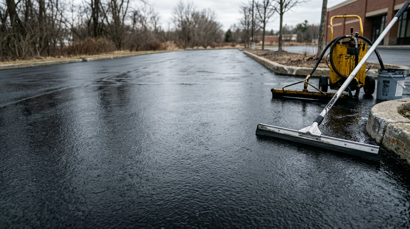 A freshly sealcoated commercial parking lot in Saratoga Springs, New York, showing a uniform deep black asphalt surface with crisp painted lot lines. The lot serves a multi-unit commercial property surrounded by the region's typical mixed commercial and light industrial landscape.