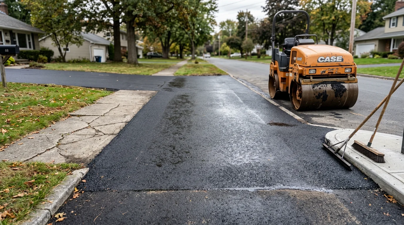 Freshly paved asphalt sidewalk and driveway apron in front of a residential property in Saratoga Springs, New York. The smooth black asphalt surface meets the road edge with a clean, even transition and no visible cracking.